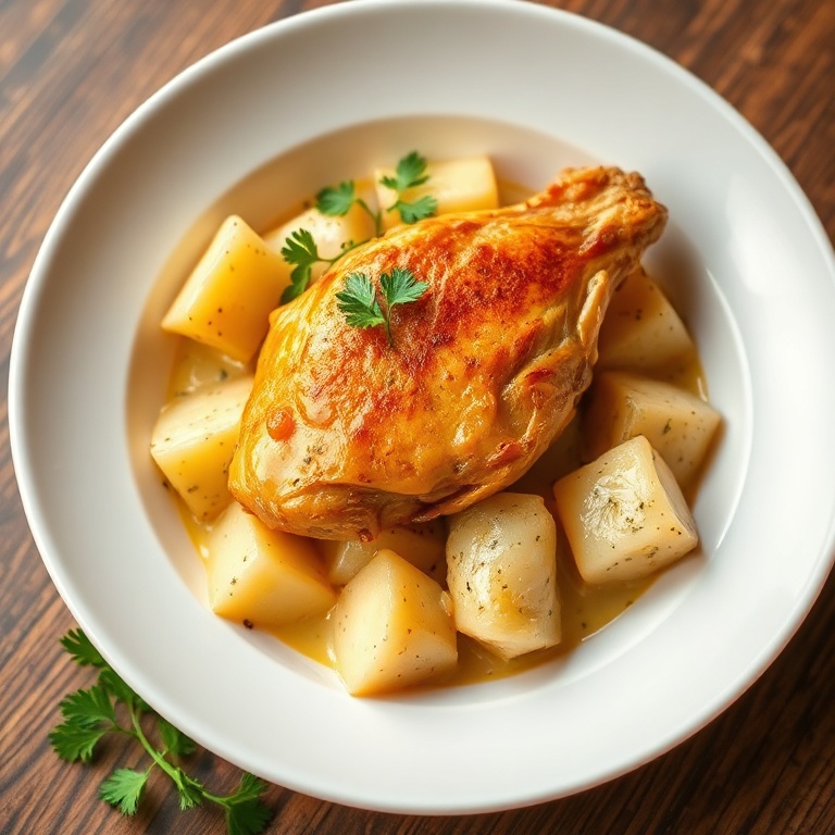 Plated crockpot garlic parmesan chicken and potatoes dinner in white ceramic bowl with fresh parsley garnish