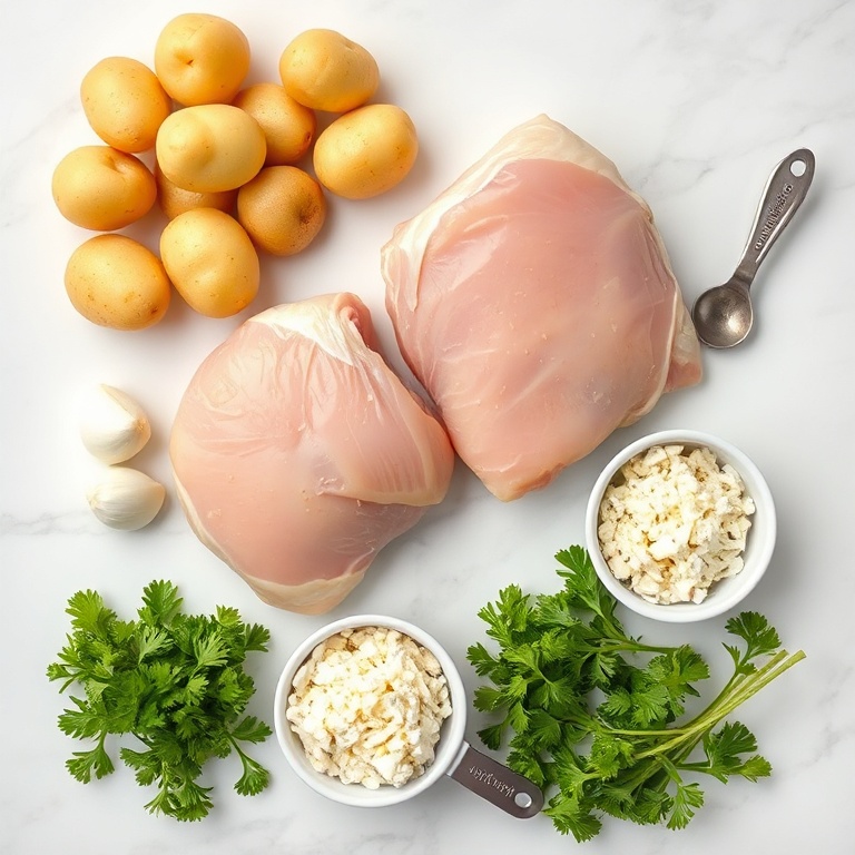 Raw ingredients for crockpot garlic parmesan chicken and potatoes: bone-in chicken thighs, Yukon gold potatoes, fresh garlic cloves, grated parmesan cheese, and fresh parsley