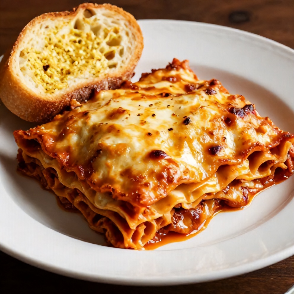 Plated serving of crockpot lasagna with garlic bread