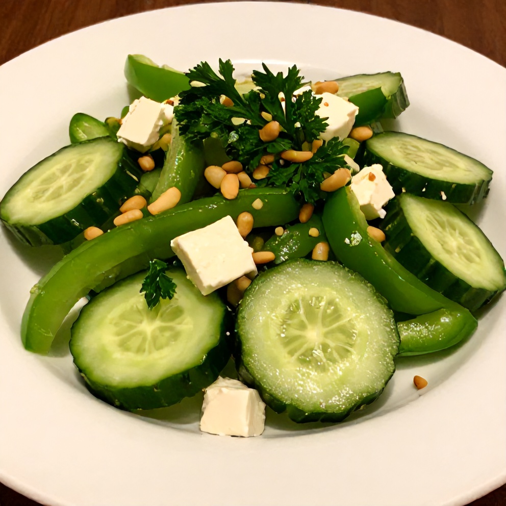 Plated cucumber sweet pepper salad with fresh parsley