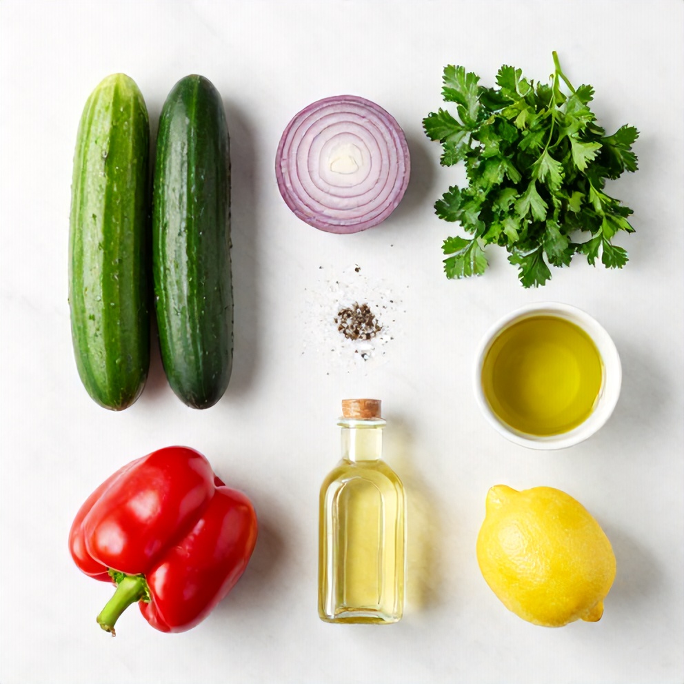 Raw ingredients for cucumber sweet pepper salad on a marble surface