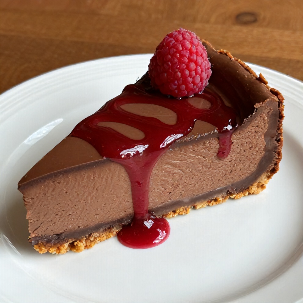 One perfect plated serving of Easy Dark Chocolate Raspberry Cheesecake on a white plate, showing the rich chocolate cheesecake, raspberry swirl, and golden graham cracker crust. Warm side lighting showing texture. Photorealistic food photography.