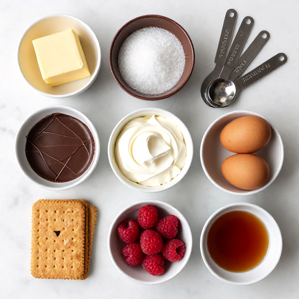 Overhead flat lay of raw ingredients for Easy Dark Chocolate Raspberry Cheesecake: graham crackers, butter, sugar, cream cheese, dark chocolate, heavy cream, eggs, raspberries, vanilla extract. Prep bowls and measuring spoons visible. White marble surface. Bright even light. Photorealistic overhead food photography.