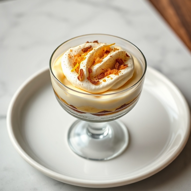 Single serving of earl grey tiramisu in a clear coupe glass, topped with crushed ladyfingers and edible dried bergamot zest. Creamy layers visible. Matte white ceramic tray background.