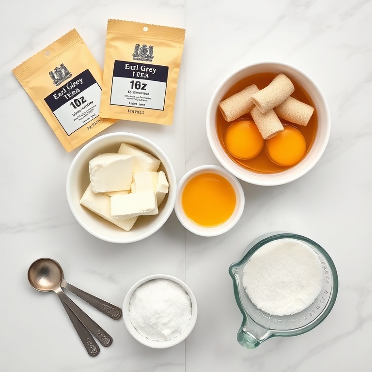 Overhead flat lay of earl grey tea bags, mascarpone cheese, ladyfinger cookies, egg yolks, granulated sugar, heavy cream, and vanilla extract on white marble. Measuring spoons and small bowls visible.