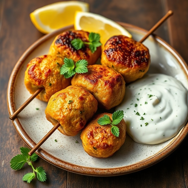 One plated serving of three golden Egyptian kofta skewers resting on a rustic ceramic plate, garnished with fresh mint leaves and a generous swirl of mint yogurt dip, side of lemon wedge