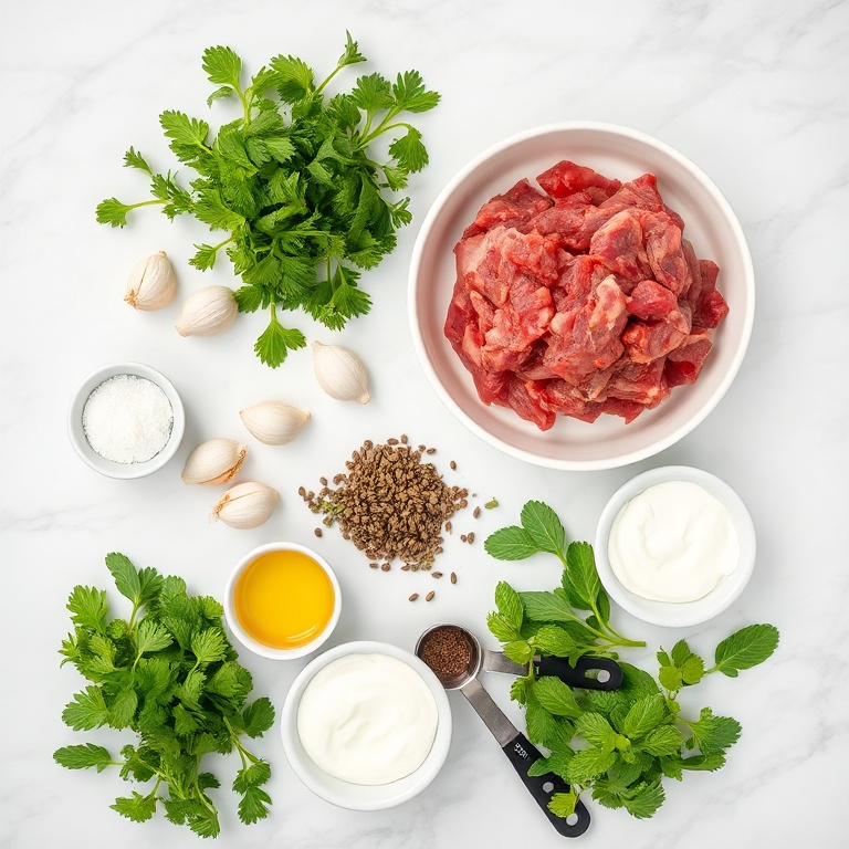 Overhead flat lay of ground lamb, fresh parsley, fresh mint, garlic cloves, cumin seeds, small bowls with ground cumin, salt, black pepper, lemon juice, and Greek yogurt on white marble