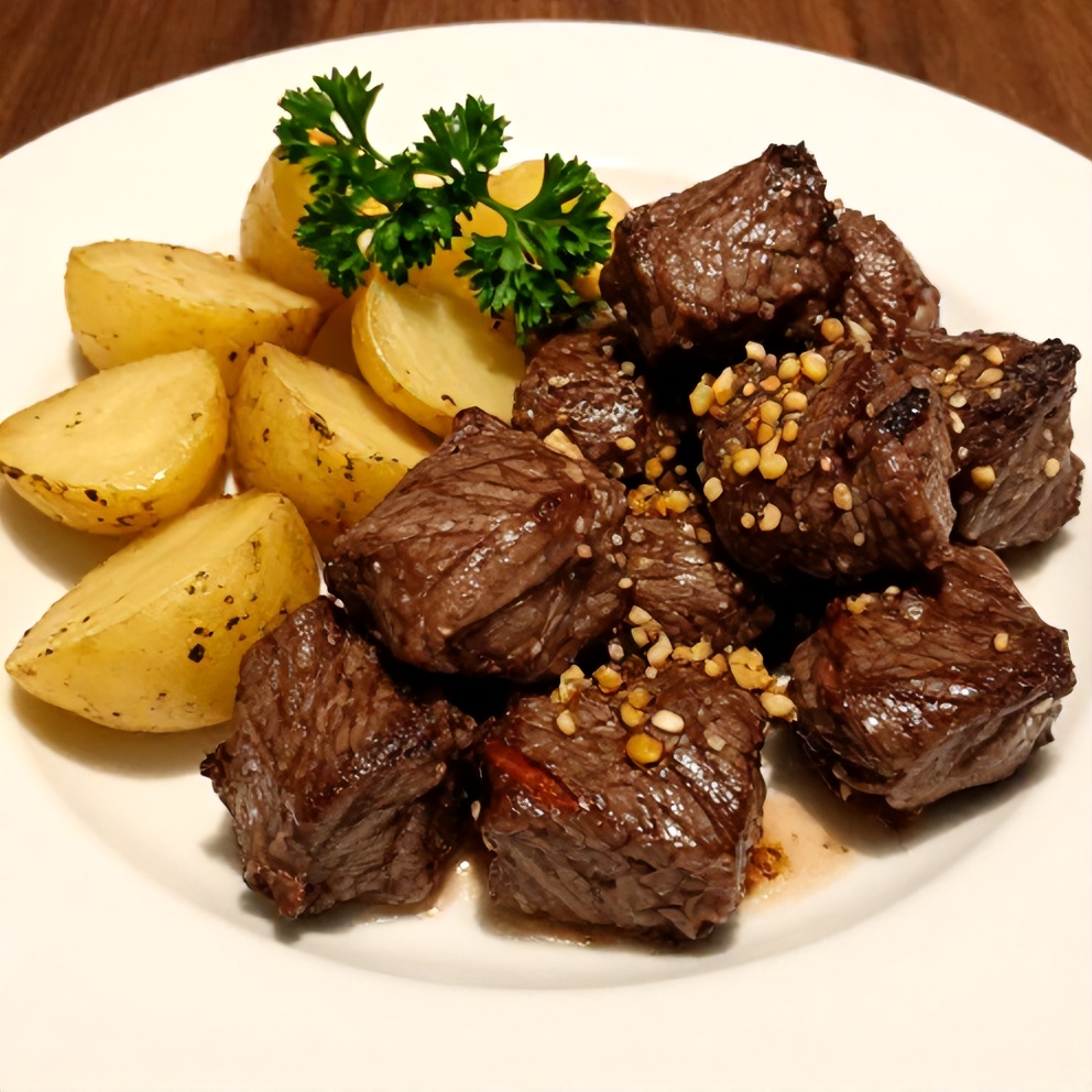 Plated garlic butter steak bites with potatoes