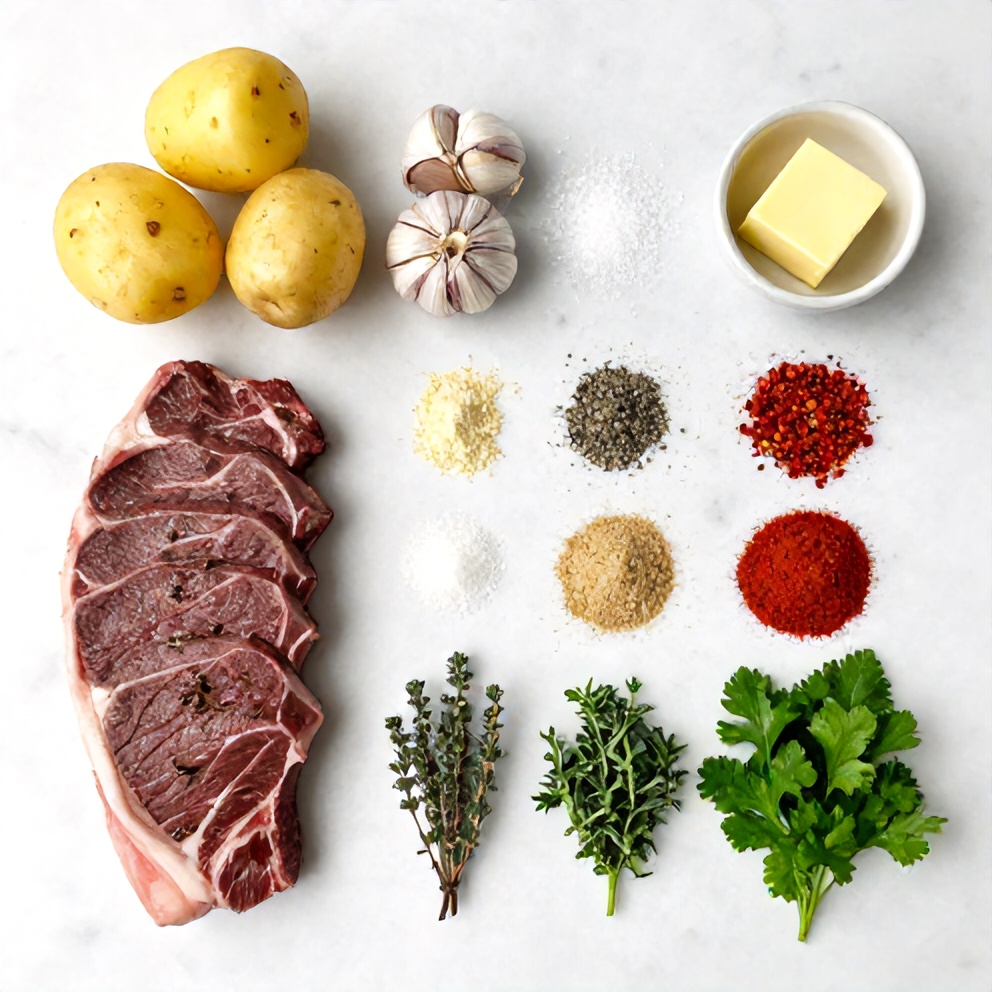 Raw ingredients for garlic butter steak bites with potatoes