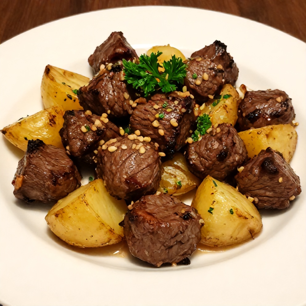 Plated garlic butter steak bites with potatoes on a white plate