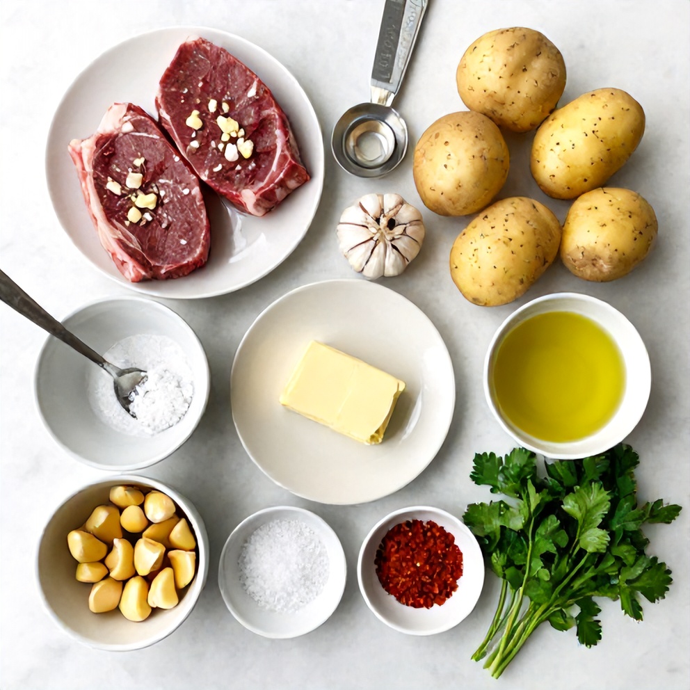 Raw ingredients for garlic butter steak bites with potatoes on a marble surface
