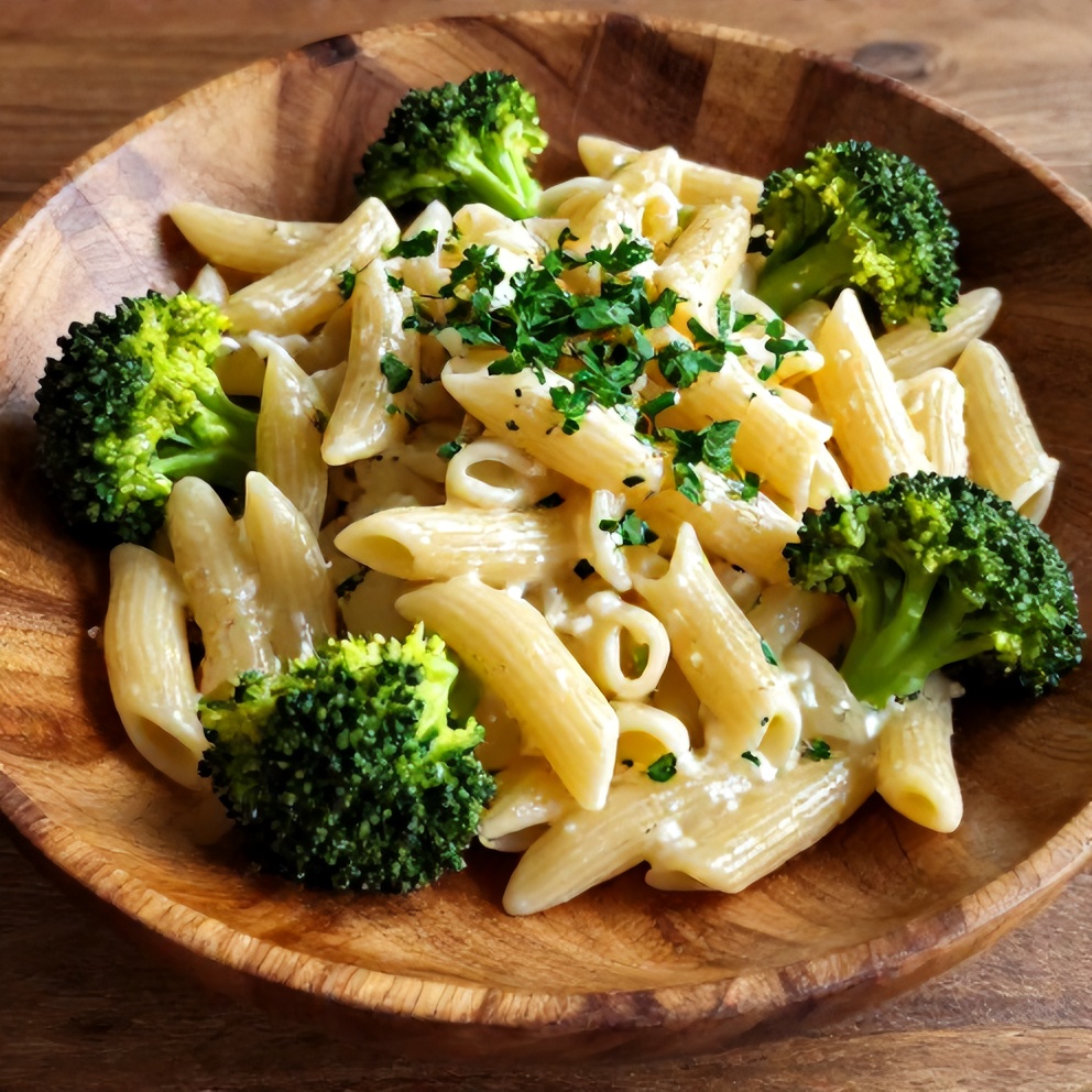 Plated serving of Garlic Parmesan Broccoli Pasta with a sprinkle of fresh parsley, sitting on a rustic wooden plate, lit from the side to highlight the creamy texture.