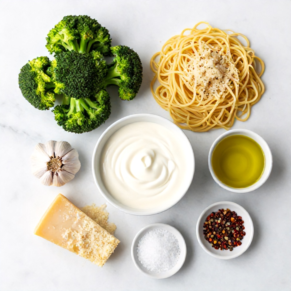 Raw ingredients for Garlic Parmesan Broccoli Pasta: broccoli, pasta, garlic, parmesan, heavy cream, olive oil, salt, pepper, and red pepper flakes arranged in a flat lay.
