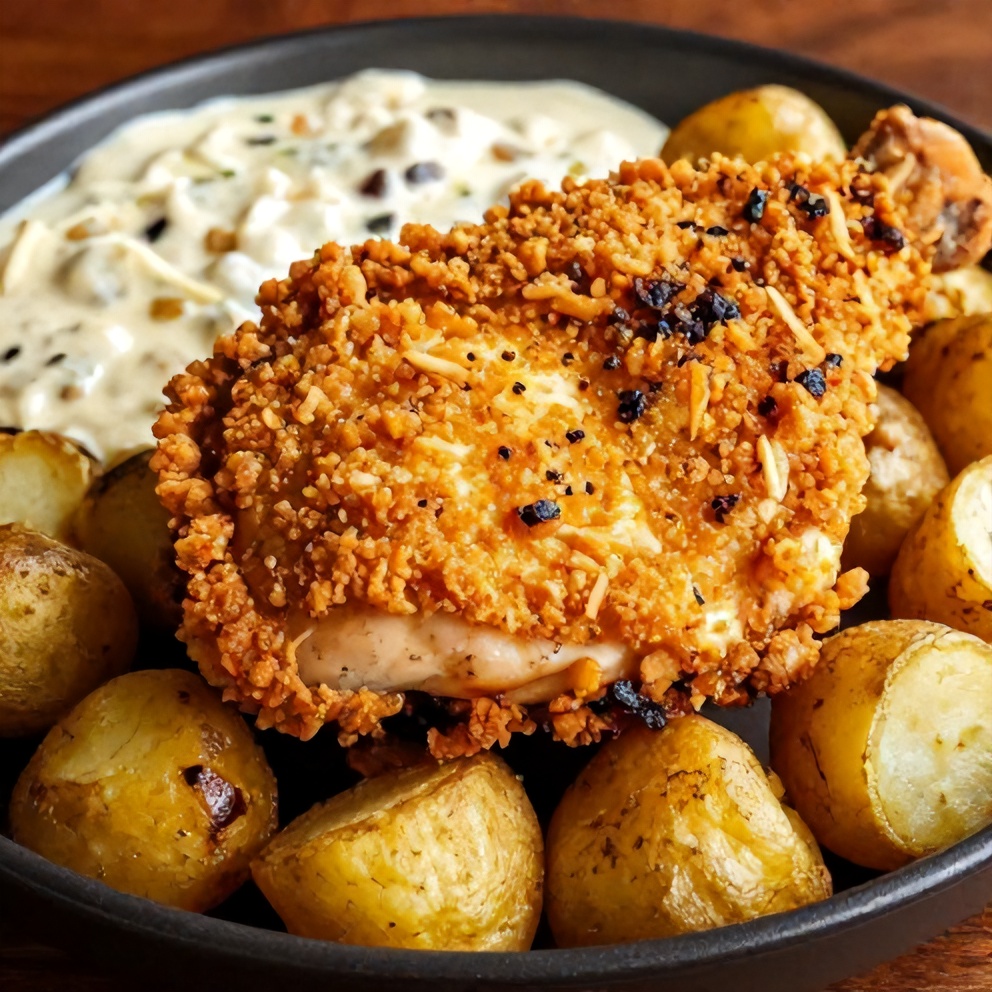 Plated Garlic Parmesan Chicken and Potatoes