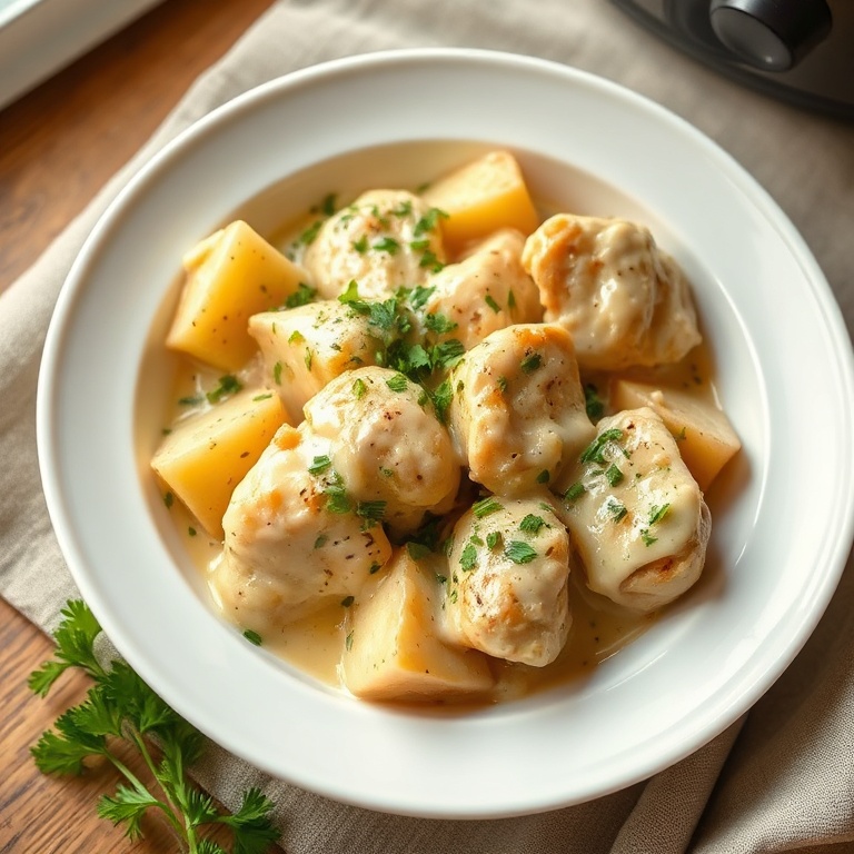 Plated garlic parmesan crockpot chicken and potatoes with fresh parsley garnish on a white ceramic bowl
