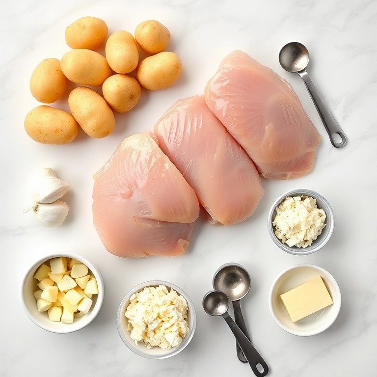 Raw ingredients for garlic parmesan crockpot chicken: boneless chicken thighs, baby potatoes, garlic cloves, grated parmesan, unsalted butter