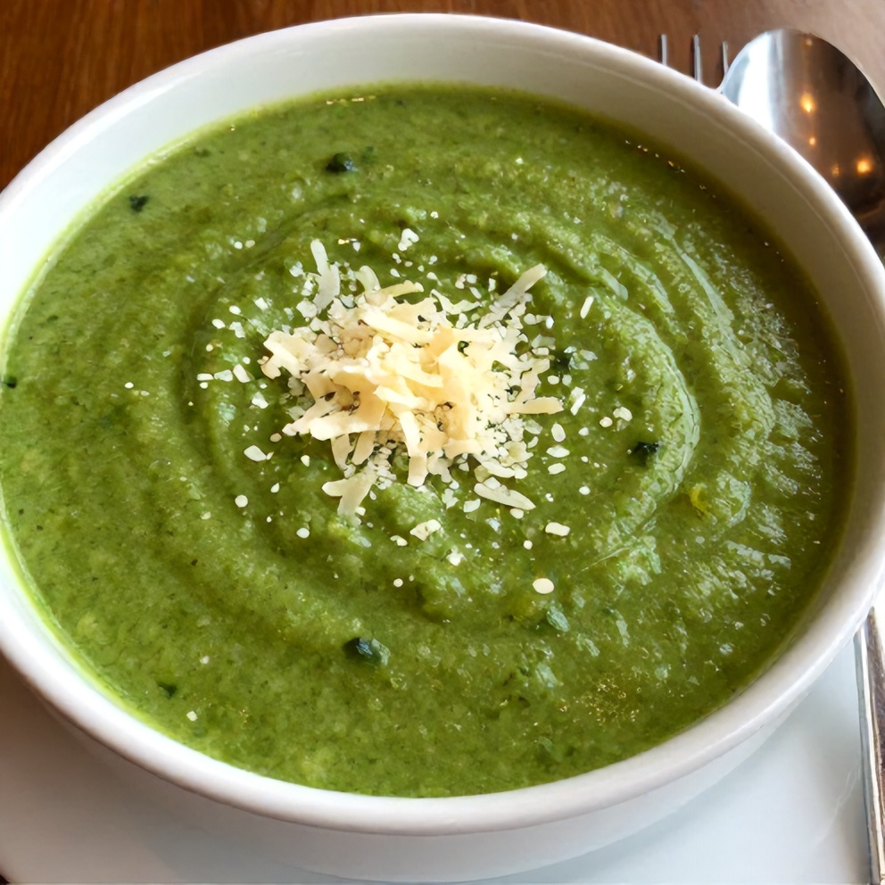 Bowl of Easy Green Vegetable Soup with a sprinkle of parmesan