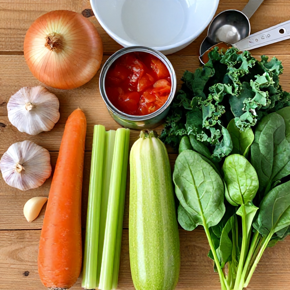 Raw ingredients for Green Vegetable Soup on a wooden surface