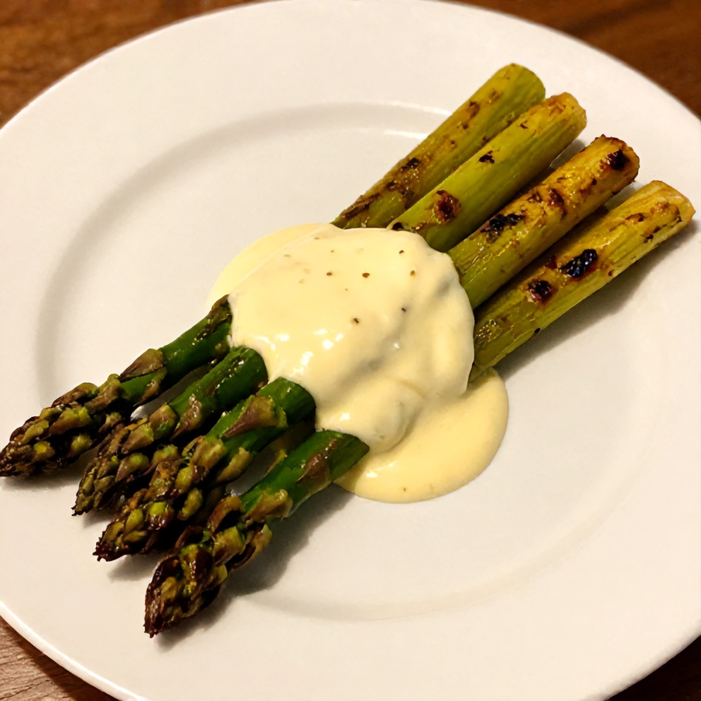 Plated grilled asparagus with tahini lemon sauce
