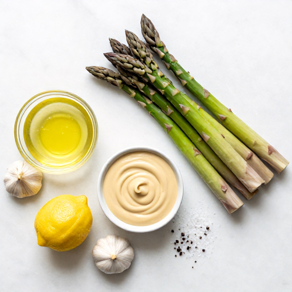 Ingredients for grilled asparagus with tahini lemon sauce