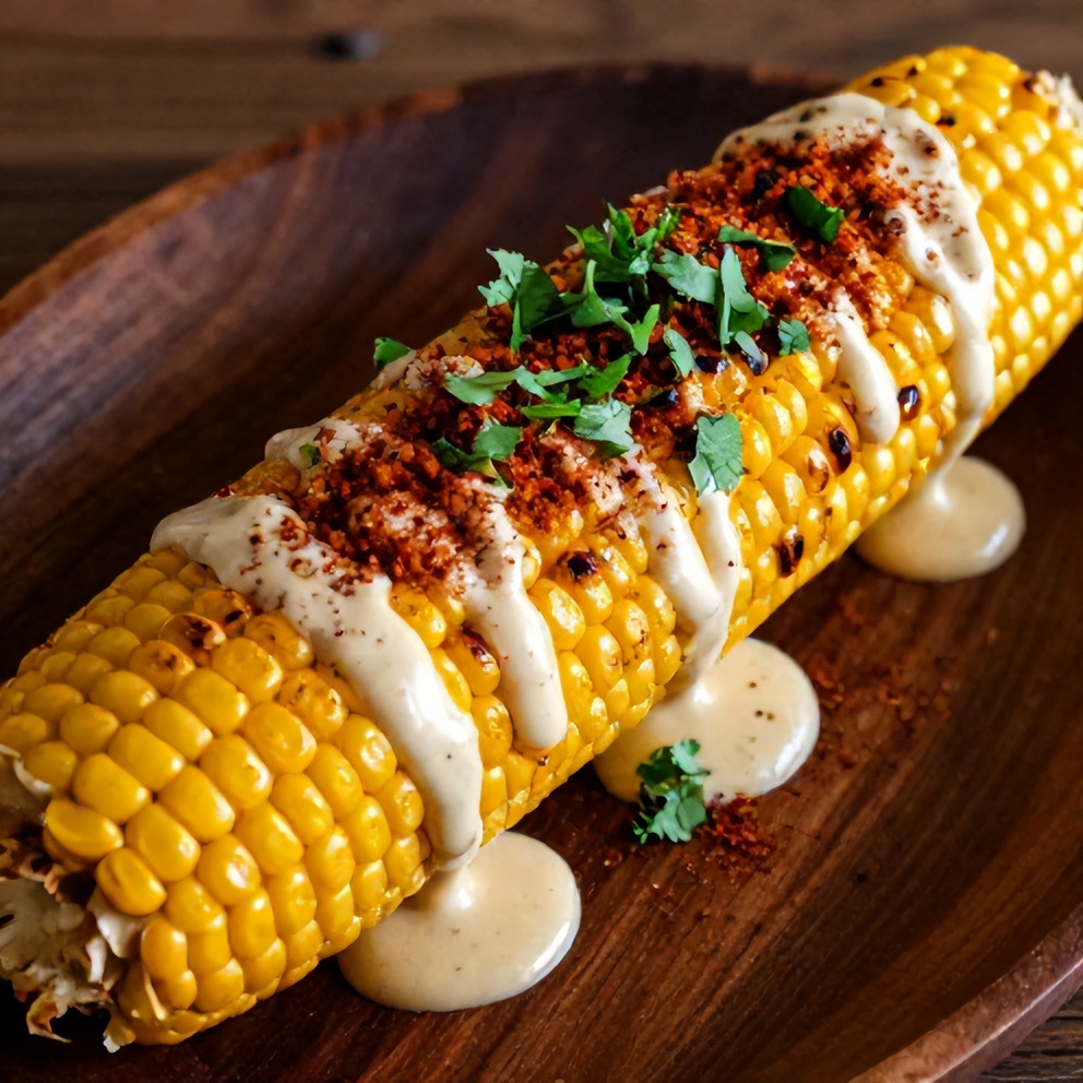 Plated grilled Mexican street corn with creamy sauce, chili powder, and cilantro garnish