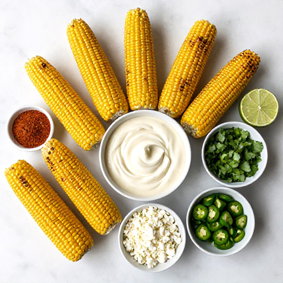 Raw ingredients for grilled Mexican street corn: corn on the cob, mayonnaise, sour cream, lime, chili powder, cotija cheese, cilantro, and jalapeño