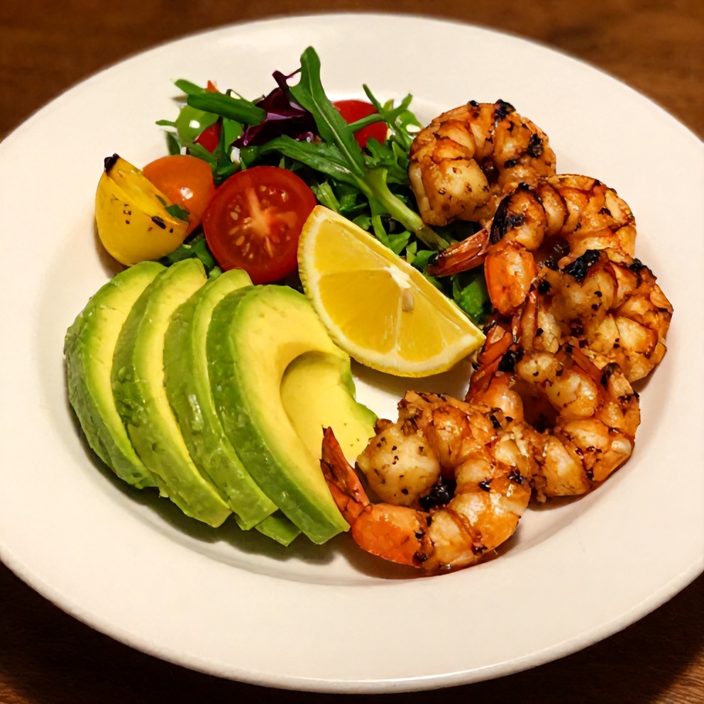 Grilled Shrimp and Avocado Bowl with a lemon wedge on a white plate