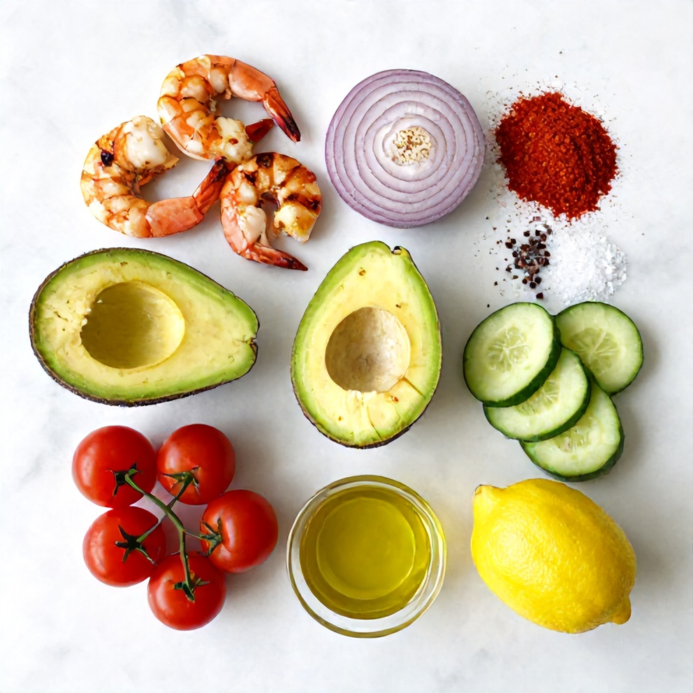 Raw ingredients for Grilled Shrimp and Avocado Bowl on a marble surface