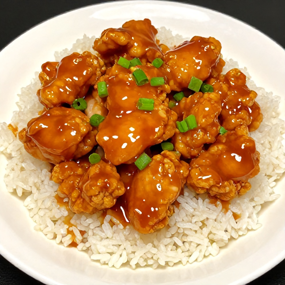 Plated Orange Chicken with Steamed Rice