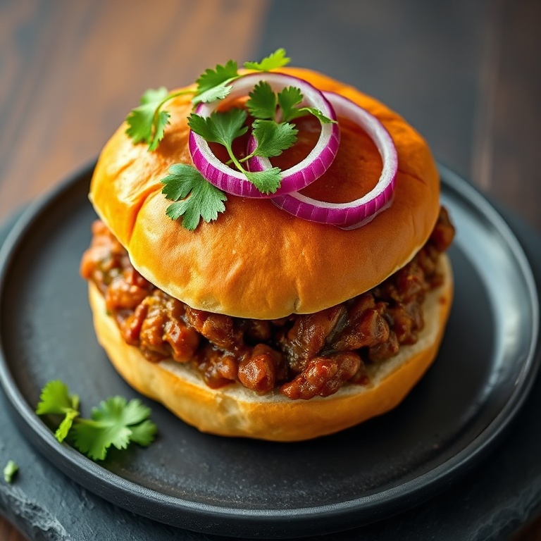 Plated easy healthy sloppy joes on toasted brioche buns with sliced red onion and fresh cilantro on a dark slate board.