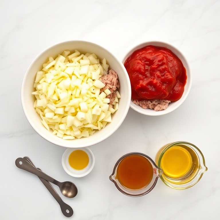 Overhead flat lay of lean ground turkey, diced yellow onion, garlic cloves, tomato paste, and brown sugar on white marble with measuring spoons.