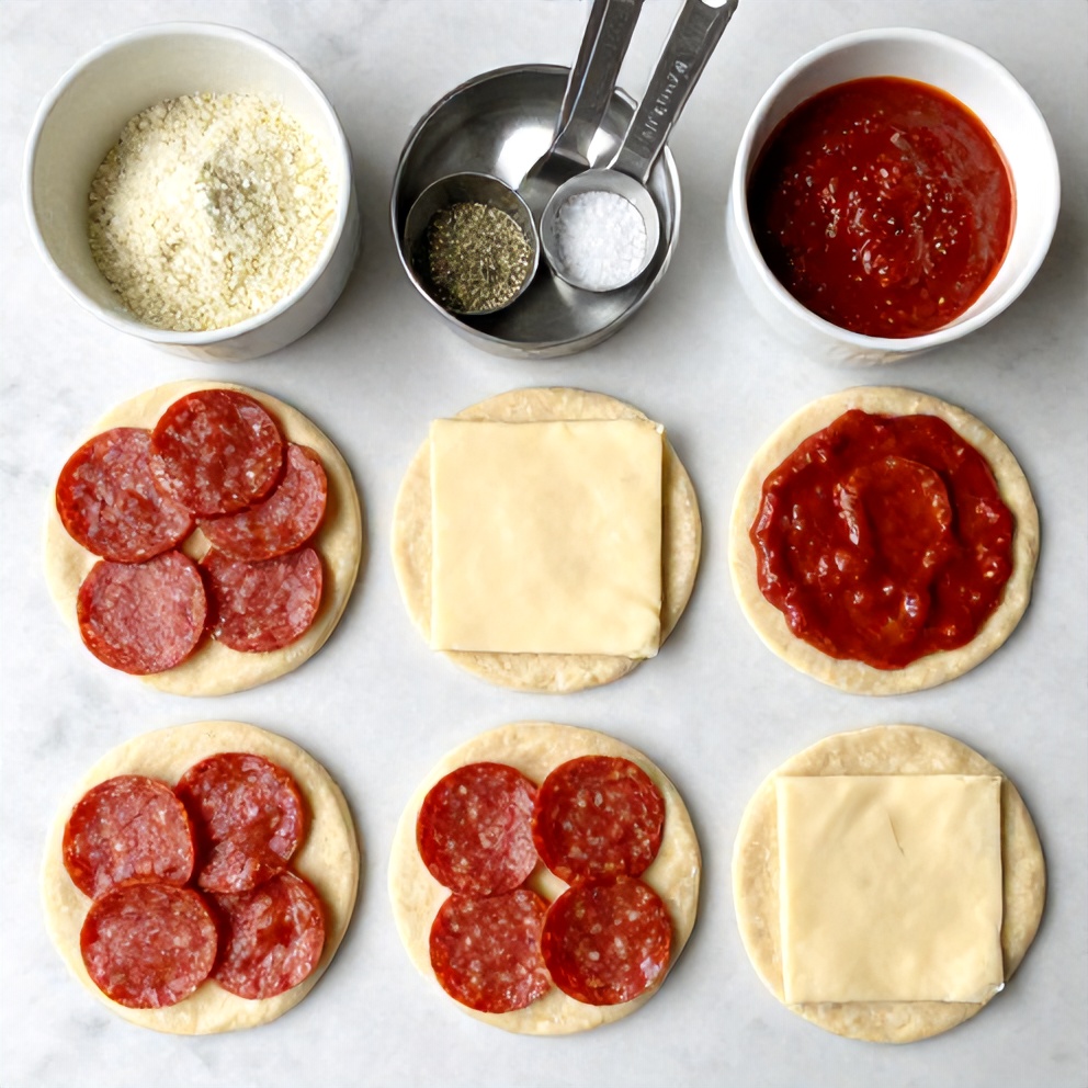 Raw ingredients for High Protein Pepperoni Pizza Rolls on a marble surface