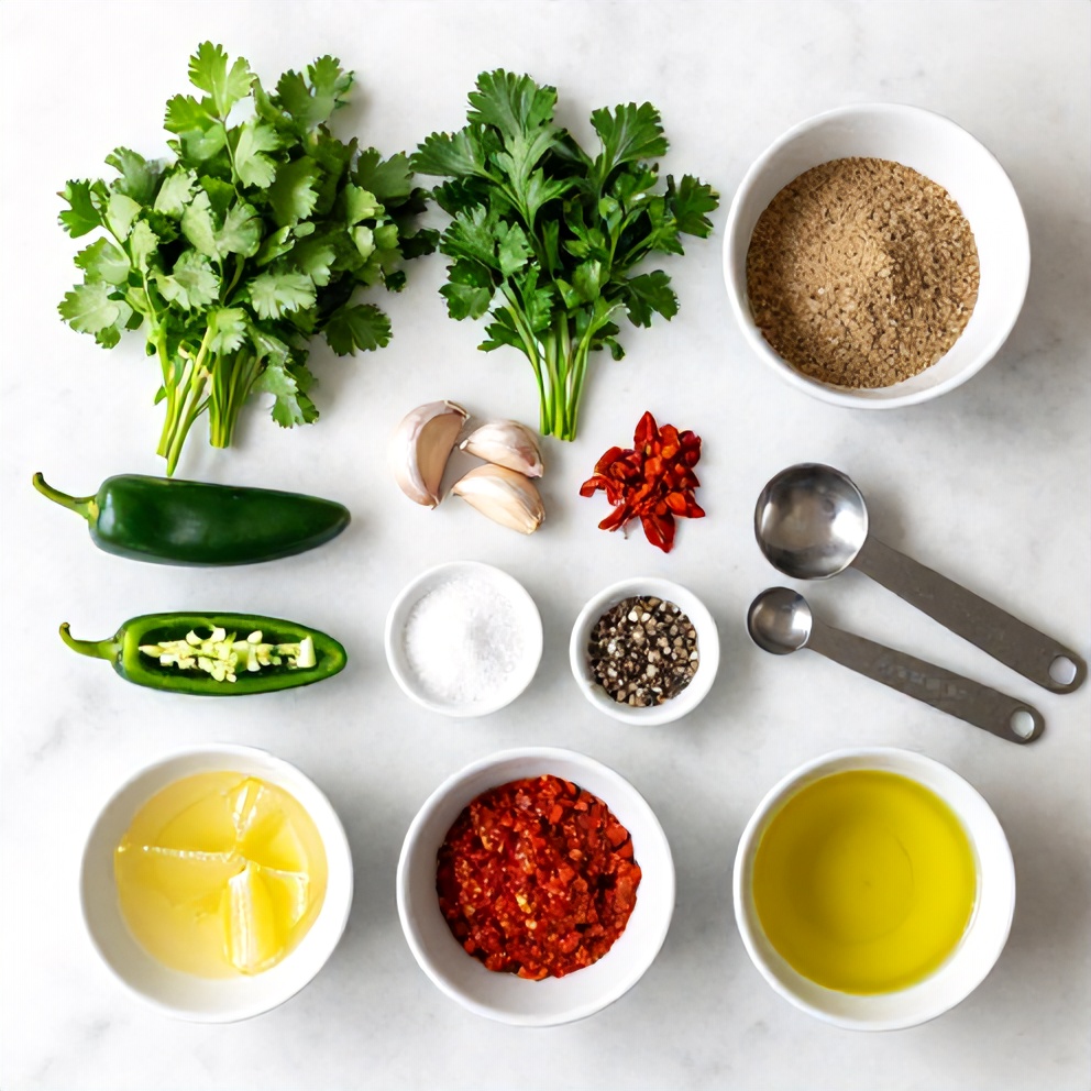 Raw ingredients for chermoula sauce on a marble surface