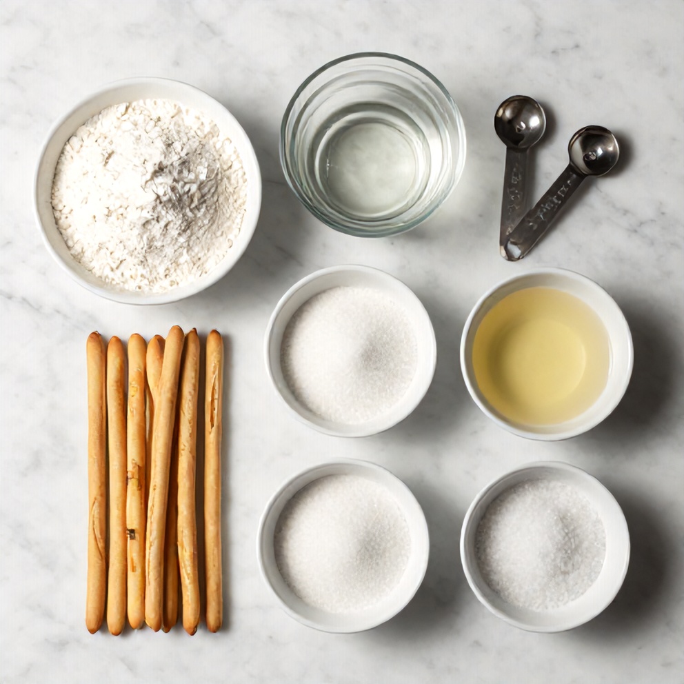 Breadstick ingredients laid out on a marble counter