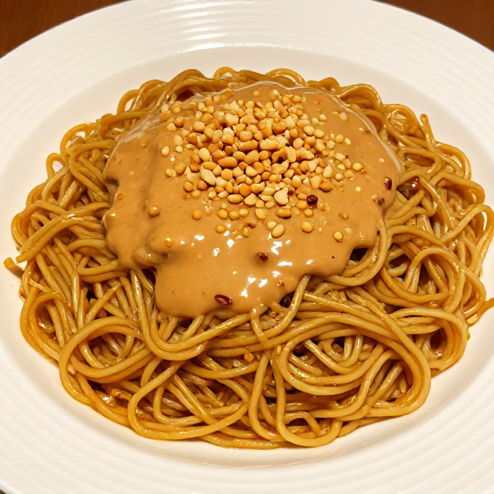 Noodles topped with homemade peanut sauce and chopped peanuts