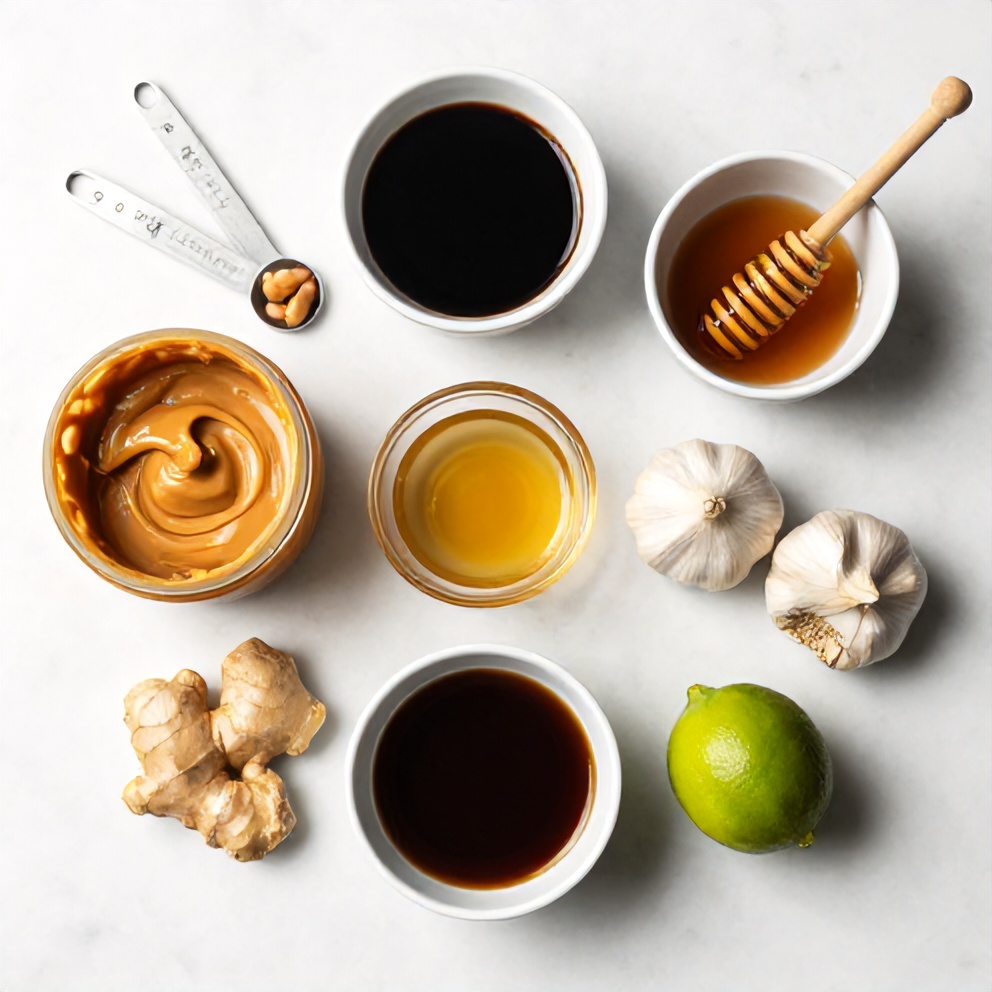 Ingredients for homemade peanut sauce laid out on a wooden surface