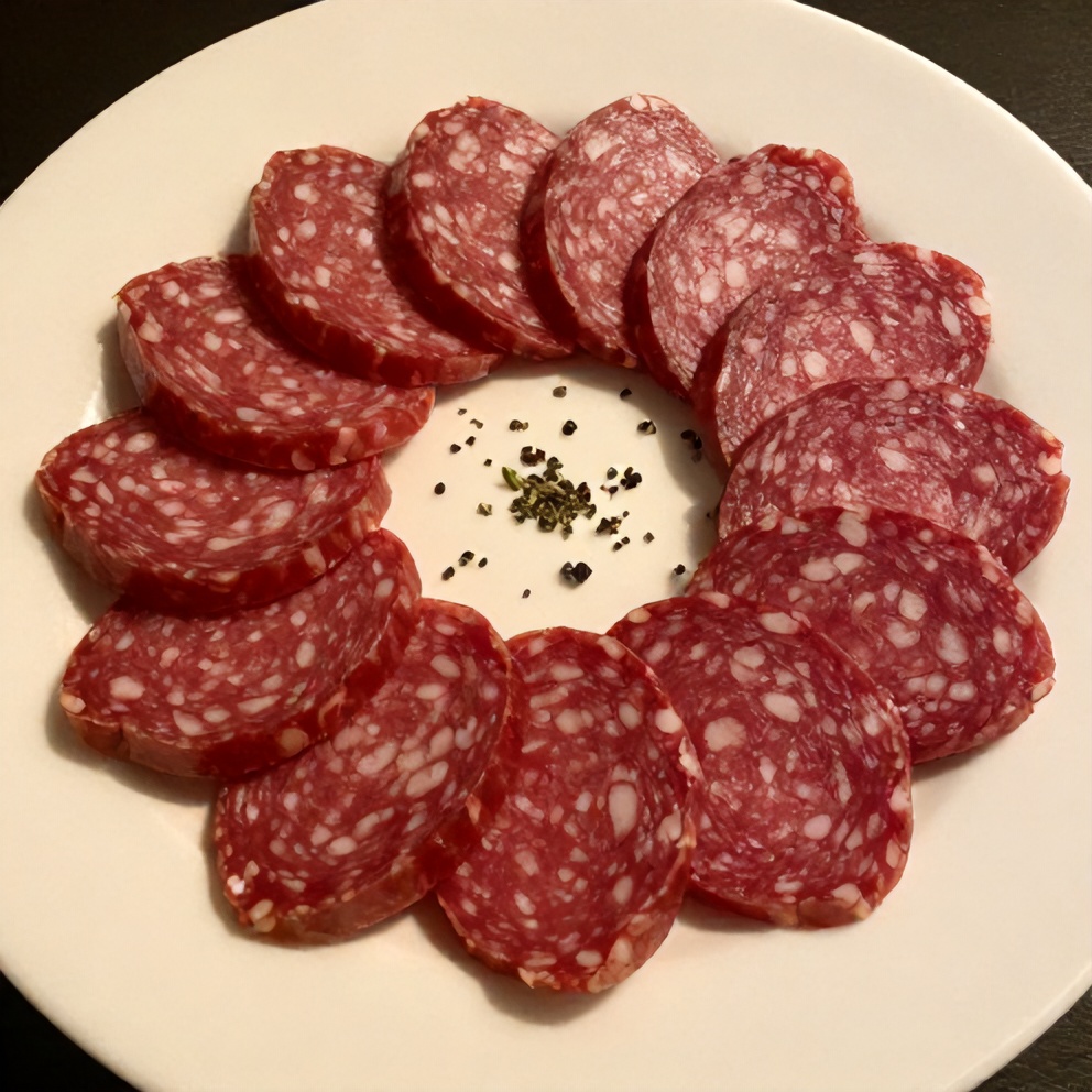 Sliced homemade vegan salami on a plate with fresh herbs