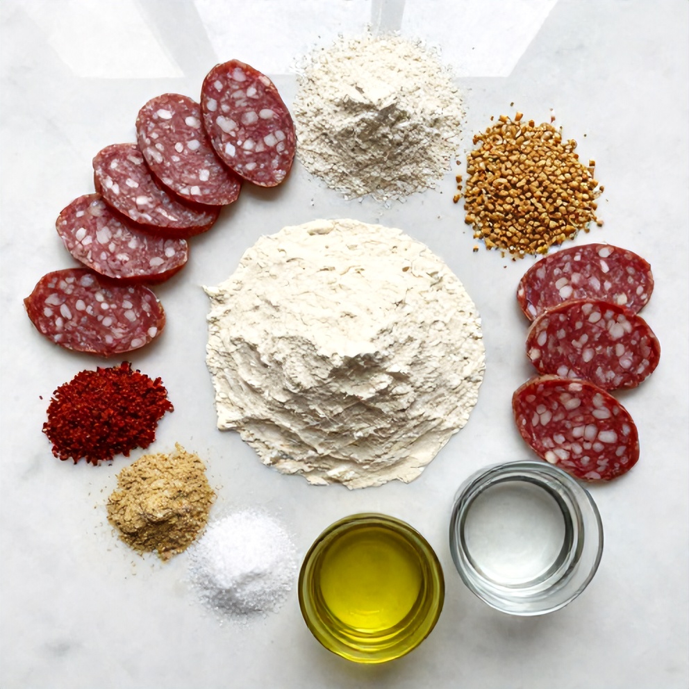 Raw ingredients for vegan salami recipe: vital wheat gluten, chickpea flour, nutritional yeast, smoked paprika, garlic powder, onion powder, salt, olive oil, liquid smoke, water