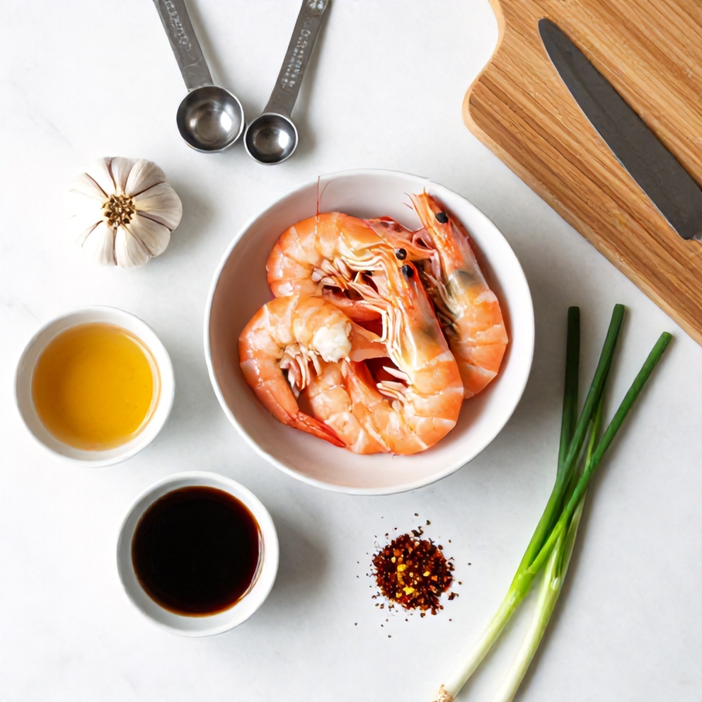 Raw shrimp, garlic, honey, soy sauce, green onions, and red pepper flakes on a white marble surface