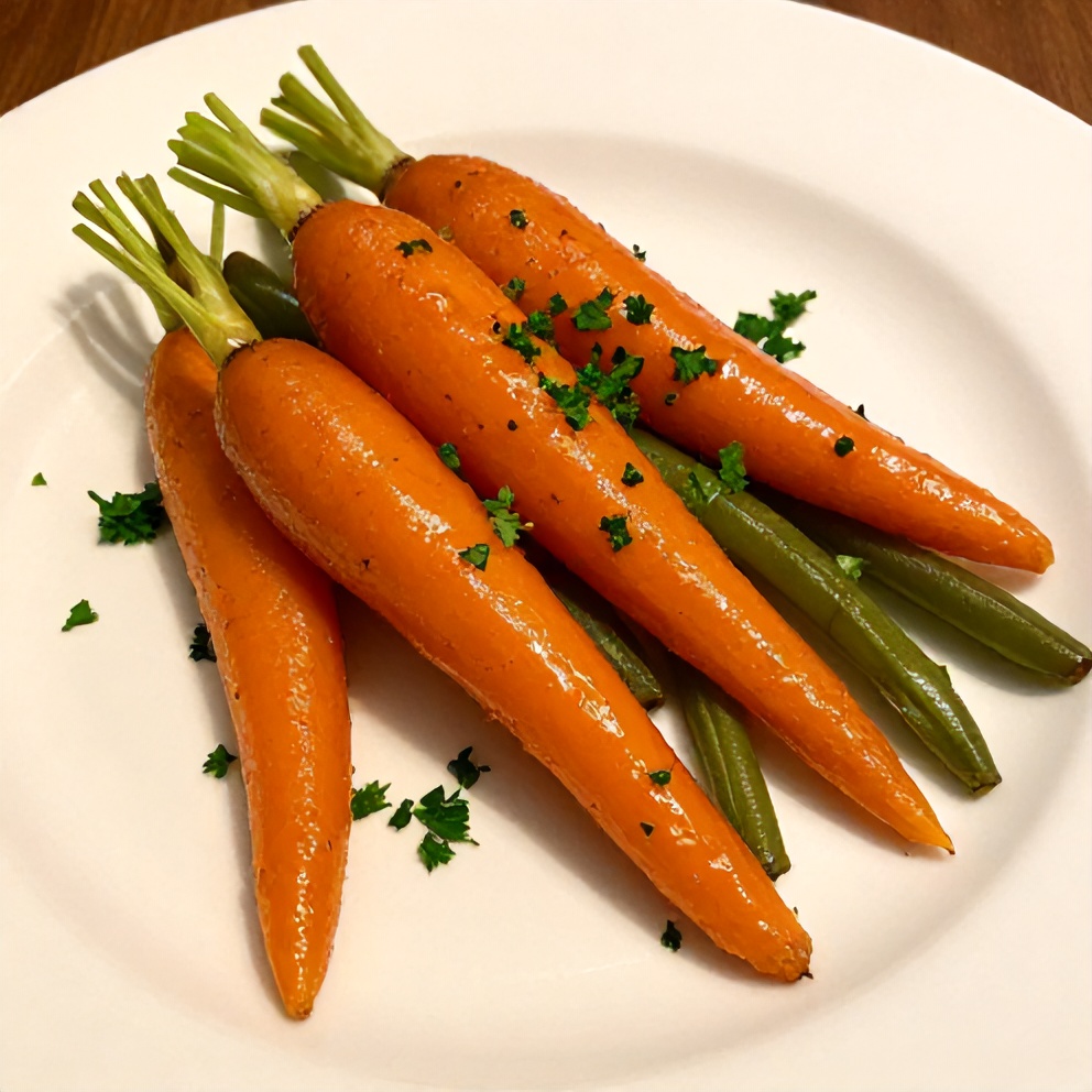 Honey glazed carrots and green beans plated with a sprinkle of parsley
