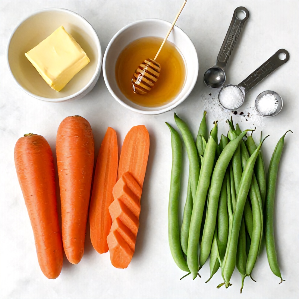 Raw carrots, green beans, honey, butter, salt, and pepper on a marble surface