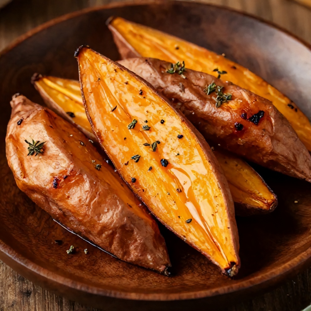 Plated serving of honey roasted sweet potatoes with a sprinkle of fresh thyme
