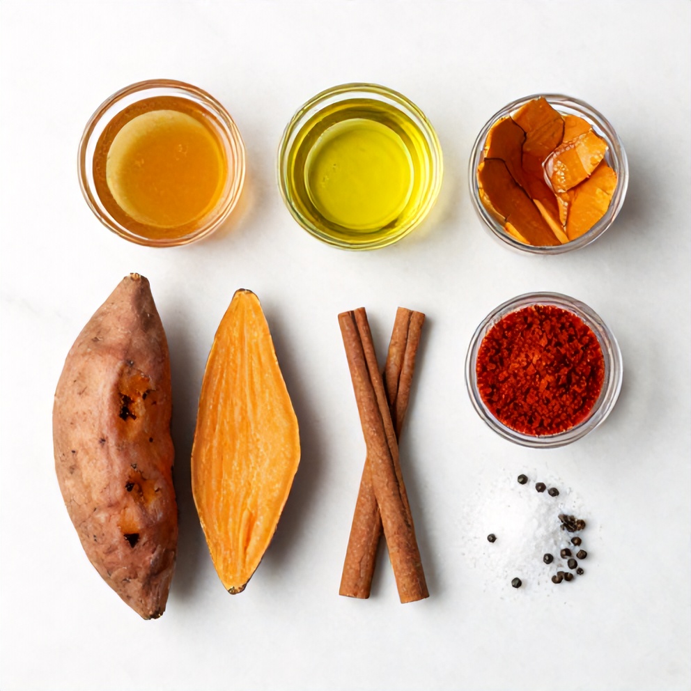 Arrangement of sweet potatoes, honey, cinnamon, paprika, olive oil, salt, and pepper on a wooden surface