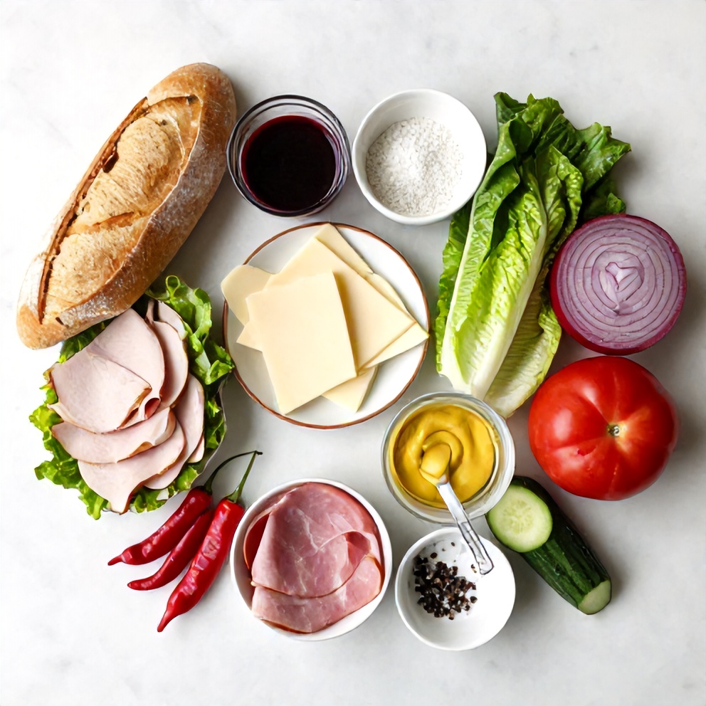 Italian grinder sandwich ingredients on a marble counter
