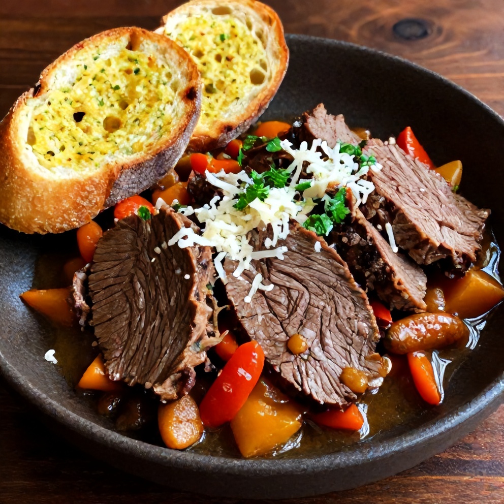 Plated serving of Easy Italian Pot Roast with garlic bread