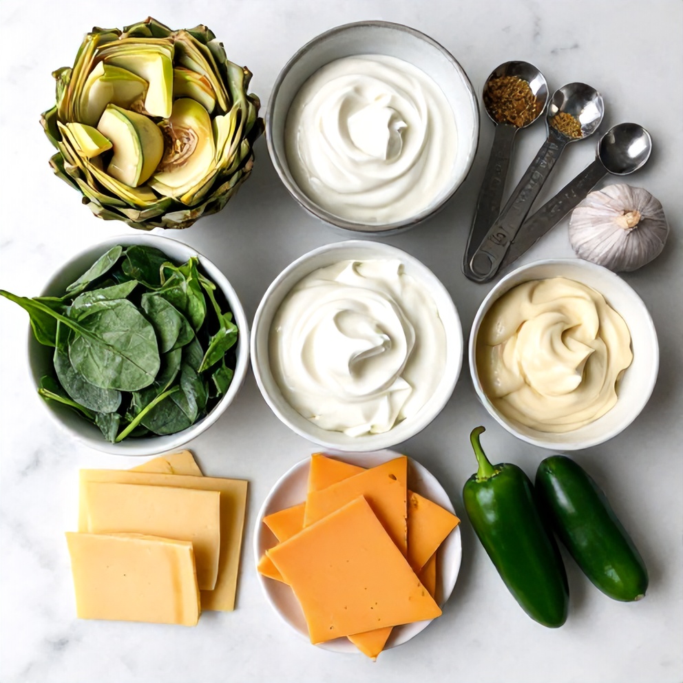 Raw ingredients for Jalapeño Spinach Artichoke Dip on a marble surface