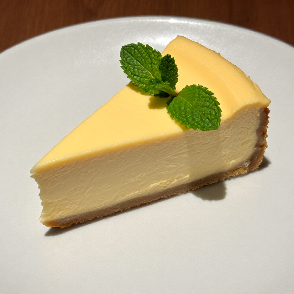 Plated slice of Japanese silken tofu cheesecake on a white ceramic plate with a fresh mint leaf garnish and light dusting of powdered sugar