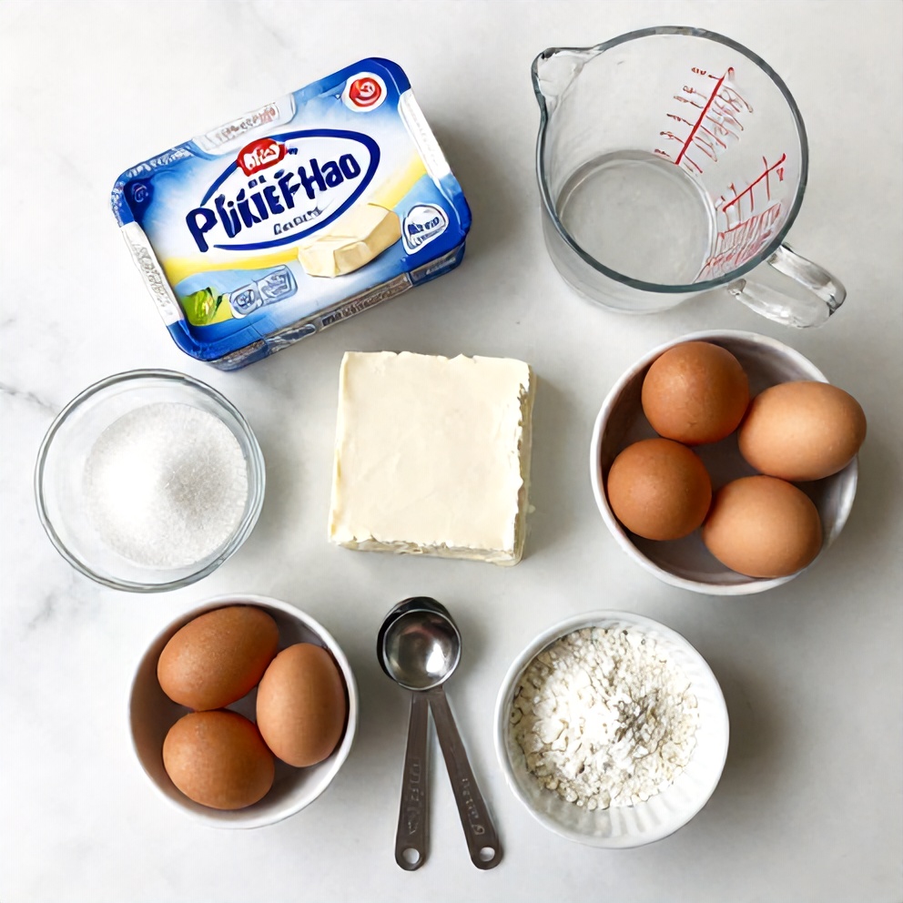 Overhead flat lay of silken tofu, cream cheese, eggs, granulated sugar, and cornstarch on white marble with small prep bowls and measuring spoons