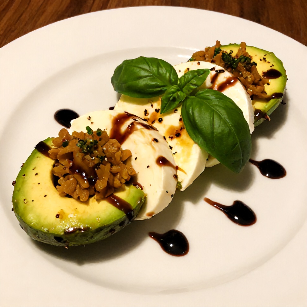 Plated serving of Keto Caprese Stuffed Avocado Bites on a white plate