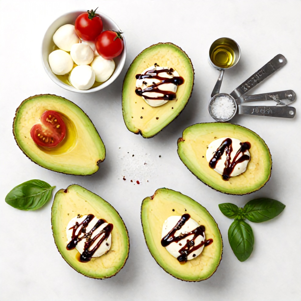 Raw ingredients for Keto Caprese Stuffed Avocado Bites on a white marble surface